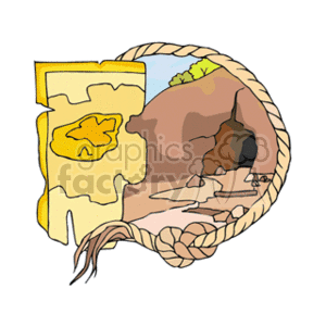 The image features a stylized representation of a map with a distinctive yellow section which might represent a region or a country, and a rope border that gives the impression of adventure or exploration. Alongside the map, there is a drawing of a cave entrance with a brown rocky exterior and some greenery at the top, suggesting a natural mountainous or wilderness setting. The cave appears to lead into darkness, hinting at depth and potential exploration within.
Concise 