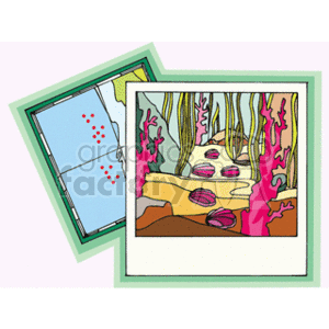 This clipart image shows two framing layers with a stylized illustration of a coral reef scene in the center. There are colorful underwater elements like coral and seaweed. In the background, partially obscured by the coral reef scene, is a map with red dots that might represent locations or points of interest.