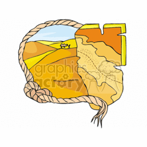 The clipart image shows a stylized representation of a map or region that seems to depict a desert area. There is a rope border encircling the map, and the map itself contains various shades of yellow and orange, suggesting sandy dunes and arid terrain. There is also a small patch of blue in the top left that could represent a sky, with the remaining portion colored to mimic landscapes and geographical features typically found in desert environments.