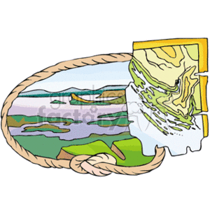 The clipart image depicts a stylized illustration of a topographic map with various land elevations and terrain types. The map appears to have a section that is magnified, showing greater detail of the contours and elevation of the land. It's placed within an oval shape, suggestive of a frame or a vignette, with a decorative rope border.
