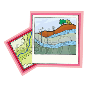 The clipart image depicts two overlapping frames. The background frame appears to be a map with a river or water body marked in blue, with yellow-green areas possibly representing land. The front frame shows a cross-section of geological layers with a geyser erupting water. The geyser is displayed with a brown land mass on one side and layers underneath the surface leading down to an underwater reservoir that feeds the geyser.