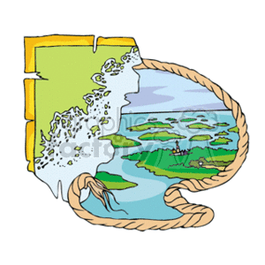 The clipart image shows a stylized map featuring a section of coastline with a series of green islands scattered across a blue water body. The map is encircled by a rope, indicating a nautical or maritime theme commonly associated with exploration or sea travel. The mainland area includes sections that seem to represent cliffs or elevated terrain due to the jagged outlines, and there is the presence of a beach or shore along the water's edge.