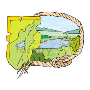 The clipart image features a stylized representation of a map and a scenic lakeside view. There is a yellow map with blue markings indicating a water body or a lake. To the right, the image transitions into a detailed, colorful illustration of a landscape with lakes, greenery, and sky, framed by a rope border that resembles a nautical or adventure theme.