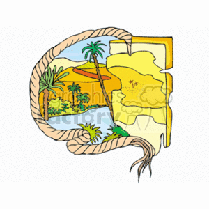 The clipart image displays a stylized tropical scene within a rope border that looks like a ship's rope. Inside the rope border, there are elements such as palm trees, an oasis, or a small island surrounded by water. The scene also includes what appears to be a sandy beach. In addition to the tropical imagery, there is a partial map integrated into the image, with yellow regions, possibly representing land or countries on a world map.