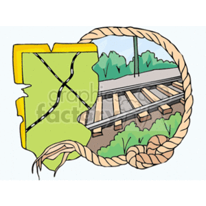 The clipart image features a yellow and green map with a black dashed line, representing a route or road, on the left side. On the right side, there's a circular frame made of rope that contains an illustration of train tracks with multiple rails, surrounded by some green shrubbery and trees in the background. The overall image suggests a concept related to train travel, mapping routes, or transportation networks.