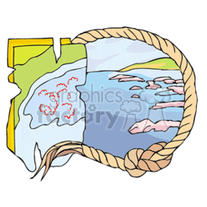 The clipart image features a stylized nautical-themed map. It displays a section of land at the top left corner, a body of water (possibly the ocean) in shades of blue, with various pink coral reefs, and a symbolic representation of a ship's rope bordering the map, suggesting a maritime focus.