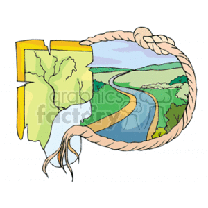 This clipart image features a stylized representation of a river flowing through a landscape. The artwork is enclosed within a circular rope frame. A segment of a map is shown on the left-hand side, with what appears to be topographic layers. The river is flowing from a higher altitude, depicted in green and brown shades, towards a body of water, possibly a sea or lake, in blue. The surrounding landscape includes various shades of green, indicating vegetated areas.