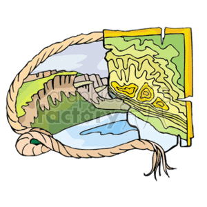 The clipart image features a map bordered by a thick rope. The map appears to be of a coastal region showing land, water bodies, and topographical features. It gives the impression of a navigational or treasure map one might associate with a journey or an adventure.