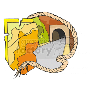 The clipart image depicts a stylized map with different areas colored in green, yellow, and orange, surrounded by a brownish area representing either land or a cave structure. It appears that there is a tunnel or cave entrance depicted in a darker brown color with a road leading into it. A rope borders the map and tunnel, suggesting expedition or exploration. 