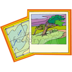 The clipart image depicts an open book with two visible pages. On the left page is a simplified map featuring contour lines and arrows indicating wind direction. The right page shows an artistic illustration of a landscape scene where a tree is being bent by strong winds, suggesting a stormy or windy environment. The colors are bright and the style is cartoonish.