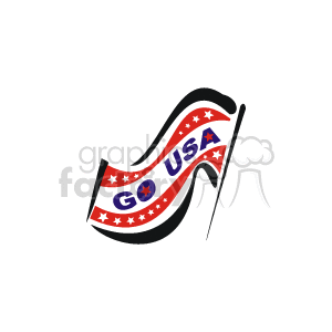 The clipart image displays a stylized American flag design with the phrase GO USA prominently featured. The flag is represented in a wavy motion, exhibiting the typical red and white stripes with a blue field dotted with white stars. This image encapsulates a sense of American patriotism and support, suitable for events such as Memorial Day, elections, and any occasion that calls for national pride.
