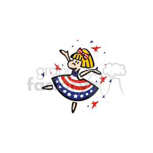 The image is a clipart illustration of an animated character dancing. The character is donning a dress and a bow that feature the design of the American flag, with red and white stripes and white stars on a blue background. The character appears to be in a festive mood, surrounded by red, white, and blue stars, suggesting a celebration of an American holiday or patriotic event.