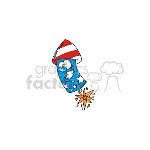 The clipart image features a cartoon-style rocket with a face, decorated with the colors and patterns traditionally associated with American patriotism: red and white stripes and white stars on a blue background. The rocket is wearing a hat resembling the American flag, with red and white stripes and a field of blue with white stars. There is a burst of golden fire or sparkle at the bottom, representing the rocket's ignition or the effect of fireworks.