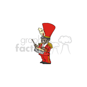 The image depicts an African American male cartoon character dressed in a red and gold marching band uniform, complete with a tall feathered shako hat. He has a joyful expression and is playing a snare drum with drumsticks, indicating that he is a drummer, possibly performing in a parade or musical event such as Memorial Day celebrations.