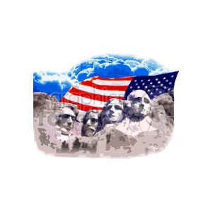 The clipart image features Mount Rushmore, with the carved faces of four American presidents. Behind the sculpture, there's an American flag waving in the breeze. The sky is depicted with white clouds on a blue background, giving a patriotic feel to the image.