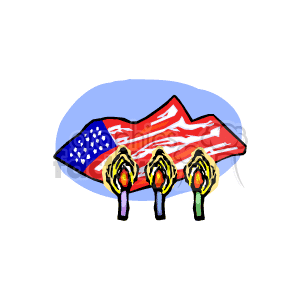 The clipart image features an American flag in the background with its stars and stripes prominently displayed. In front of the flag, there are three candles with flames flickering above them.