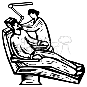 The clipart image depicts a dental scene in a simplistic, black and white style. There's a patient lying back on a dental chair, covered with a bib, and the dentist is leaning over the patient, presumably working on the patient's teeth. The dentist is holding a tool, and there is a light above the chair positioned towards the patient's mouth. The overall composition suggests a dental check-up or procedure is taking place.