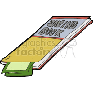 The image depicts a savings book, which is a representation of a bank account ledger or passbook, showing a partially open cover with SAVING BOOK written on it. A banknote is peeking out from under the cover, suggesting the concept of money being saved or deposited within the book.