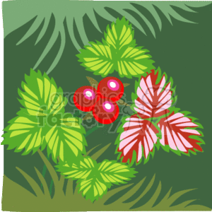 The clipart image depicts a collection of stylized plants. There are leaves in various shades of green and a cluster of round, red berry-like elements. There's a leaf with red and white stripes which stands out against the other predominantly green leaves.
