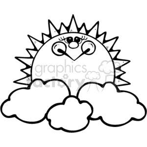 This clipart image depicts a smiling anthropomorphic sun partially obscured by clouds. The sun has rays emanating from it and a cartoonish face with eyes, a nose, and a cheerful mouth. The clouds are fluffy and rounded, typical of stylized weather illustrations.