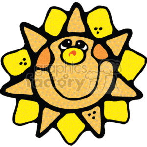 The image is a stylized representation of the sun with a smiling face. It features a country-style design with patterned textures within the sun's face and rays, and the color scheme includes yellows and oranges to represent sunshine. The rays are designed with embellishments that give a friendly and rustic appearance.
 