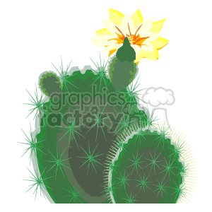 The clipart image depicts a green cactus with two rounded segments covered in white spines, and it showcases a single yellow flower with a white center blooming from the top of the cactus.
