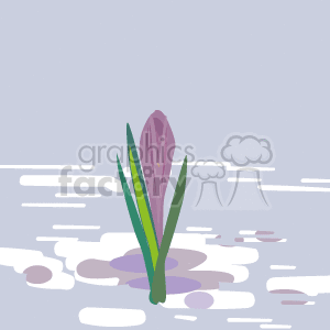 The clipart image shows a stylized representation of a purple flower with green leaves emerging from among what appears to be rocks or pebbles, likely set against a background of water, as indicated by the ripple effects.