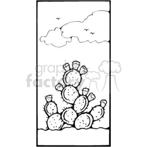 The image shows a prickly pear cactus, which is recognizable by its round, flat, and segmented pads. The cactus has several pads stacked and clustered together with some appearing to have flower buds or fruits on their edges. The background is minimal, indicating a clear sky with a few clouds, suggesting a desert or arid landscape which suits the natural habitat of such a cactus.
