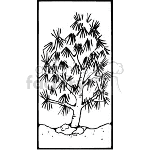 The clipart image depicts a stylized tree with a visible trunk and an array of needle-like leaves, which could suggest it is a type of evergreen or conifer tree. The base of the tree appears to be surrounded by a small mound, possibly representing soil or snow, which is often associated with clipart images stylizing natural settings.