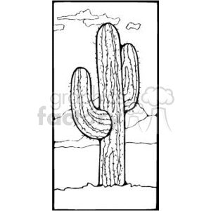 The clipart image depicts a large, traditionally styled saguaro cactus standing in a desert landscape with a minimalistic representation of the ground and a couple of clouds in the background. The image is outlined, suggesting it might be used for coloring activities or as a simplistic icon.