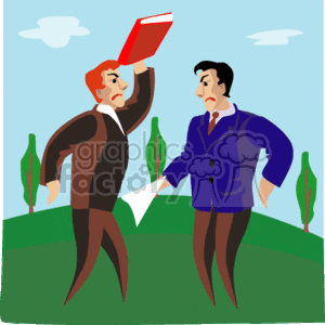 The clipart image depicts two men in a confrontational pose; one man is raising a red book above his head as if to strike, while the other man has his arm extended forward with a piece of paper in hand, appearing defensive. They both exhibit expressions of anger or frustration. There's a background of a simplified outdoor scenery with blue skies, clouds, and greenery.