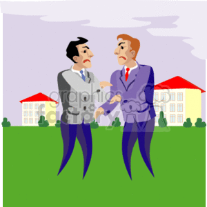 The clipart image depicts two businessmen in suits engaging in a physical altercation. They appear to be in a state of conflict or disagreement which has escalated to a fight, as evidenced by their angry expressions and the fact that they're grabbing each other's clothing. The background shows a suburban setting with two houses and a cloudy sky.