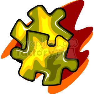 The image shows a single jigsaw puzzle piece with a vibrant, glossy appearance. It has multiple colors – yellow, green, and a fiery mix of red and orange in the background – with a shadow effect that gives it a 3D look.