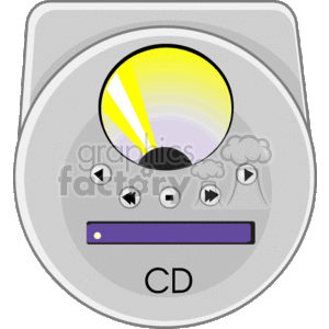 The image is a clipart illustration of a portable CD player, often referred to as a Discman. This player typically has features that include buttons for play, pause, skip, and rewind, a display window for the CD, and an indicator or label denoting it's a CD player.