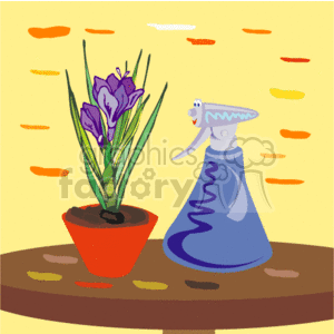 The clipart image shows a potted purple flower alongside a blue spray bottle with a face on it. The setting seems to be on top of a table or a surface with a yellow and orange patterned background that may imply a sunny environment or daylight indoors. The colors suggest a cheerful or vibrant setting, and the elements within the image are stylized in a simplistic, cartoon-like manner.