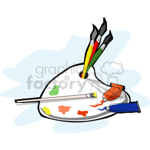 This image features an artist's palette with various colors of paint dabbed onto its surface. There are two paintbrushes, one laying on the palette and another with paint dripping down its handle, along with tubes of paint. Notably, there is a distinctive pen-like tool with two prongs at the end resting atop the palette.