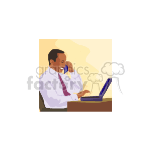 The clipart image depicts an African American businessman working at a desk with a laptop computer and talking on the telephone. He appears to be engaged in a conversation and is smiling. He is wearing a white shirt with a red tie.