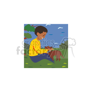 The clipart image depicts a scene with a young African American boy sitting on the grass, gently petting a brown puppy. There's a natural outdoor setting with trees, a bright sky, and birds in the background.
