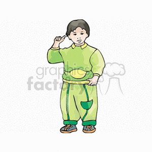 A little boy in a green sweatsuit