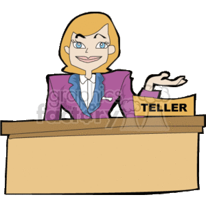 The image depicts a female bank teller character. She is standing behind a bank counter with a sign that reads TELLER. The lady has a welcoming gesture and appears to be ready to assist with banking services.