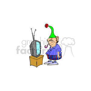 The clipart image depicts a cartoonish man wearing a party hat, looking somewhat unamused or bored while standing next to a television set. There are confetti and party decorations suggesting it's a party – potentially a New Year's celebration.
