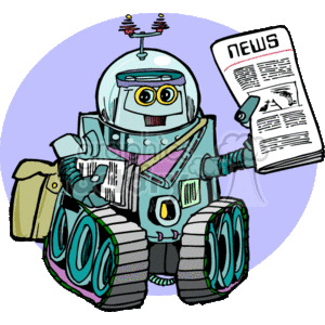 The clipart image features a robot designed with wheels, a humanoid-like upper body, and a head with what appears to be eyes and antennas. The robot is holding and reading a newspaper titled NEWS. There's also a bag attached to the robot's side, which suggests it might be simulating a paperboy, a person typically delivering newspapers.