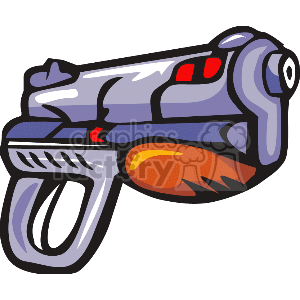 The image shows a stylized illustration of a futuristic laser gun, which might be associated with science fiction settings and typically used by characters such as space soldiers or aliens. The gun features a sleek design with metallic colors, red accents, and a visible energy cell or power source.