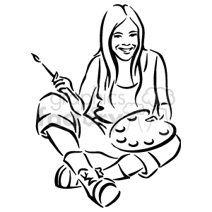 The clipart image features a person sitting with crossed legs, holding a paintbrush in one hand and a palette in the other. The individual appears to be engaged in the act of painting and seems to be a depiction of an artist at work.