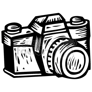 The clipart image depicts a professional DSLR camera that is typically used by photographers or artists who specialize in photography. This style of camera is known for its interchangeable lenses and manual setting options which allow for greater control over the photographic process.