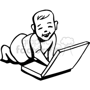 A black and white baby playing with a laptop