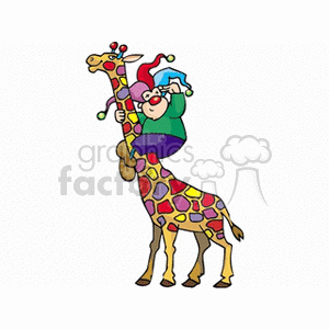 A Silly Clown Wearing a Jestor Hat Riding on a Colorful Giraffe
