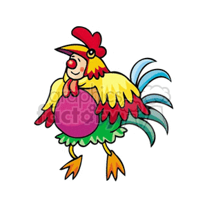 A Silly Clown with a Big Red Nose Wearing a Rooster Costume