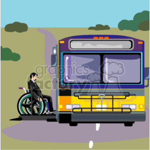 The clipart image depicts a person in a wheelchair waiting at a bus stop. The bus appears to be designed with accessibility in mind, as it has features to accommodate passengers who use wheelchairs. The setting is outdoors, and there's a background that suggests a rural or suburban area with some greenery and open space.