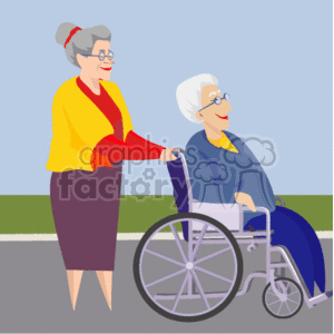 This clipart image features two senior women where one is assisting the other who is using a wheelchair. The lady in the wheelchair appears content and is being pushed by the standing woman, who seems kind and happy to help. It's a sunny day, and they seem to be outdoors, possibly on a sidewalk, with a clear blue sky in the background.
